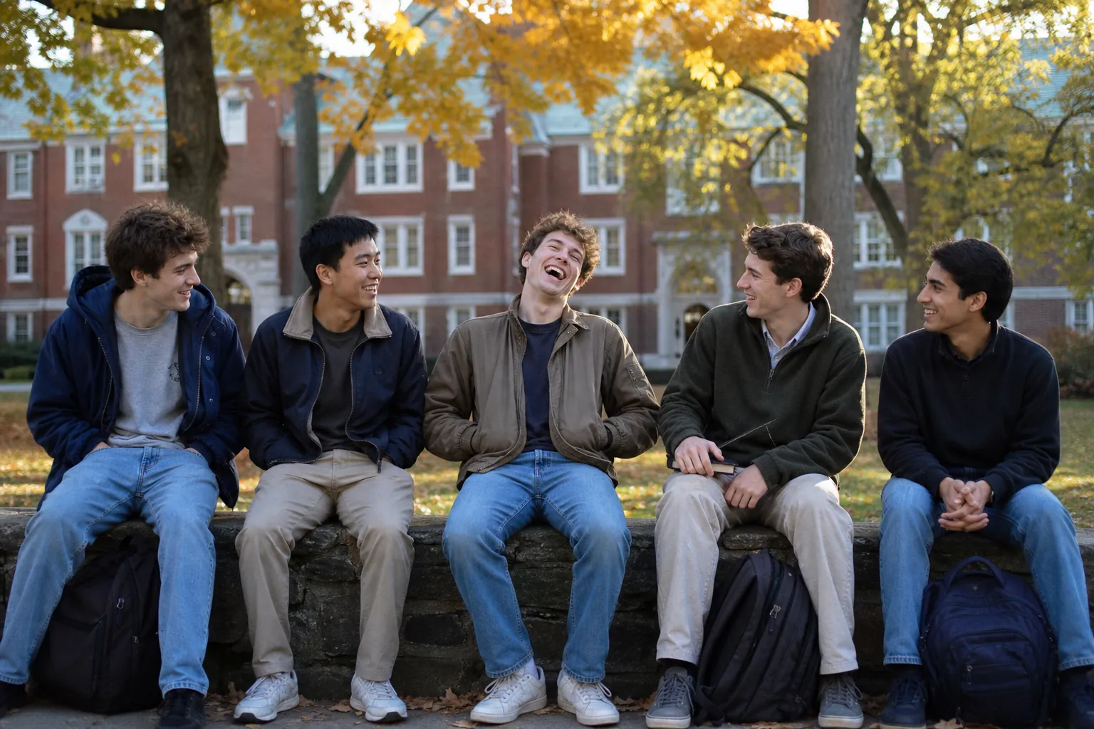 Students talking and laughing on the campus lawn