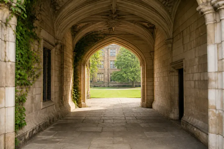 A stone archway opening onto the quadrangle